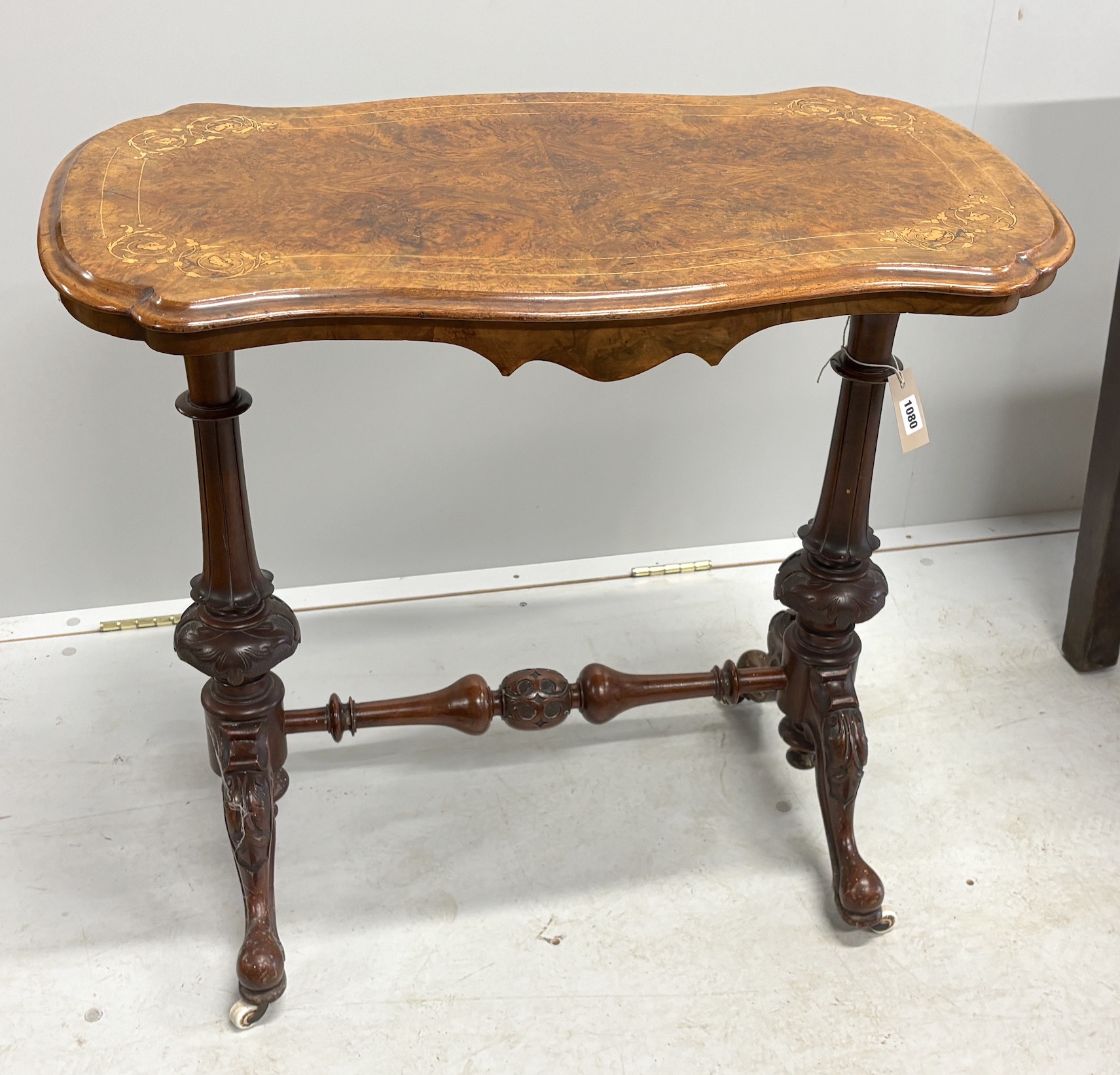 A Victorian inlaid burr walnut rectangular centre table, width 78cm, depth 44cm, height 72cm